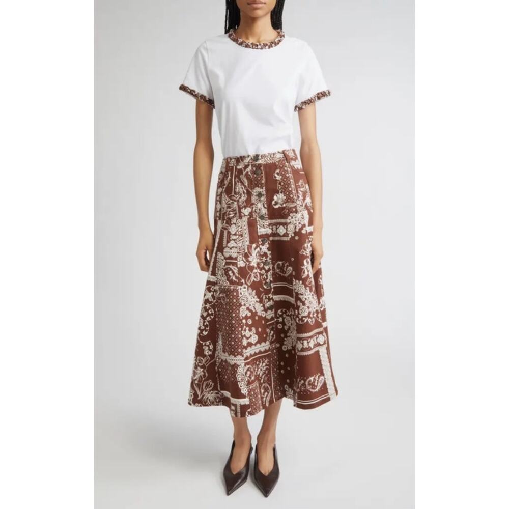 Brown Printed Midi Skirt - Women's Stylish A-Line